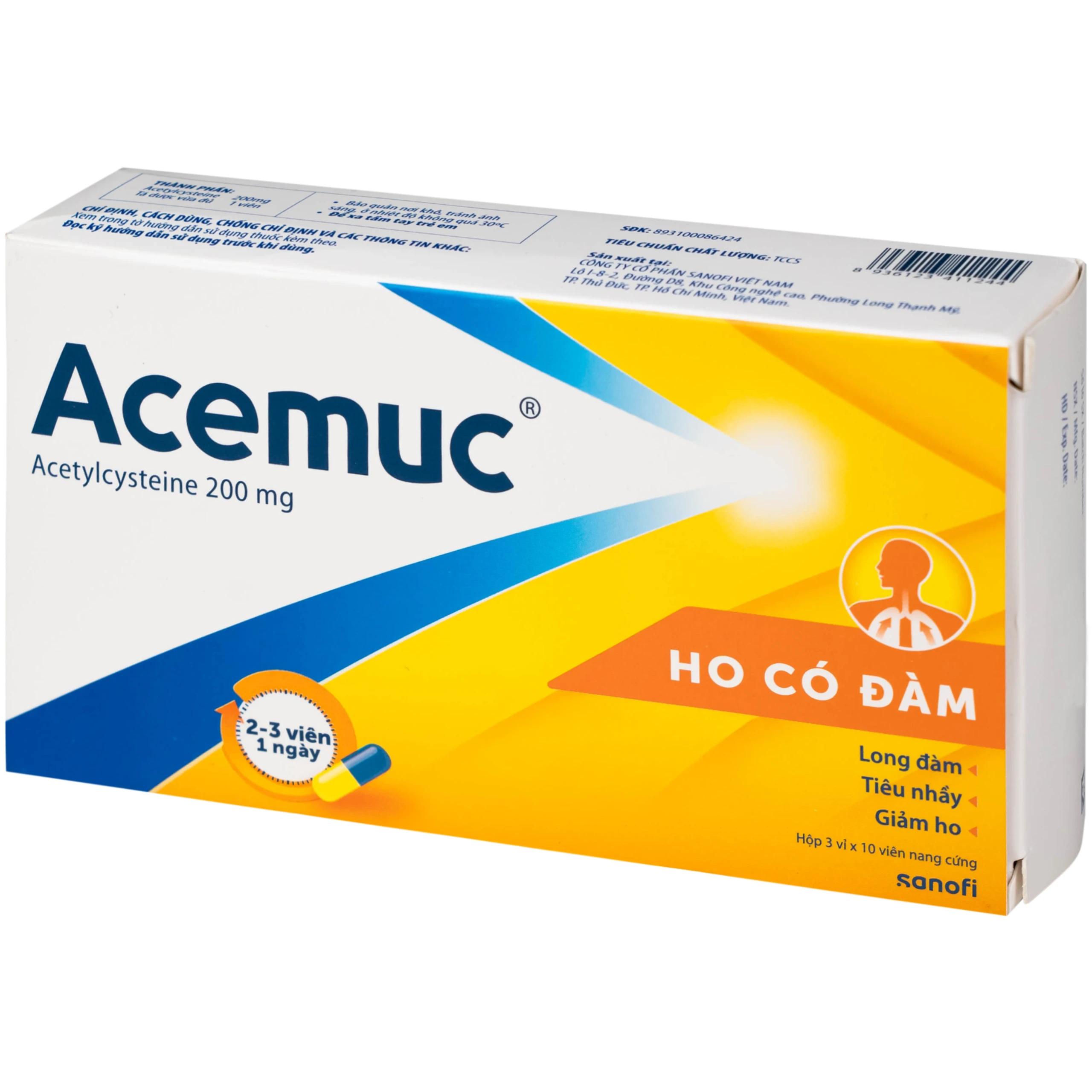 Acemuc Acetylcystein 200mg hộp 3 vỉ x 10 viên nang Sanofi