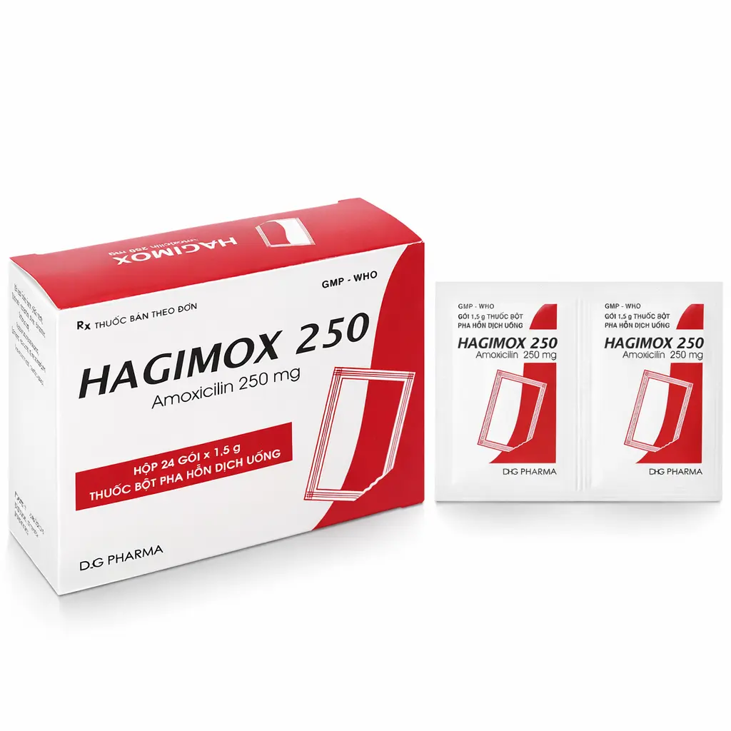 Hagimox Amoxicilin 250mg hộp 24 gói x 1.5g Hậu Giang