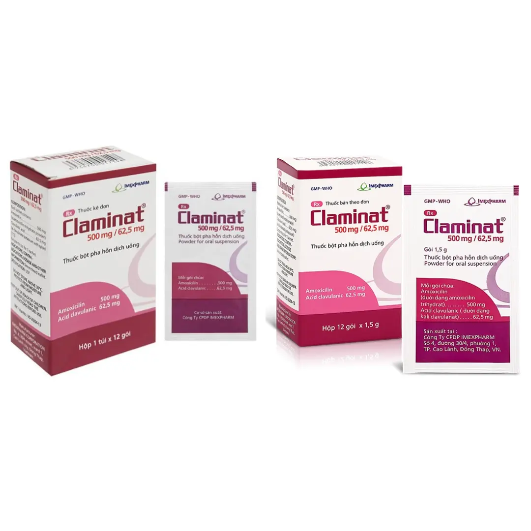 Claminat 500mg/62.5mg hộp 12 gói x 1.5g Imexpharm